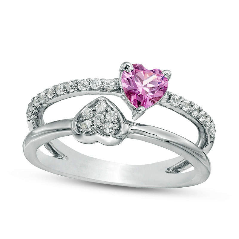 Image of ID 1 Lab-Created Pink and White Sapphire Composite Mirrored Hearts Split Shank Ring in Sterling Silver