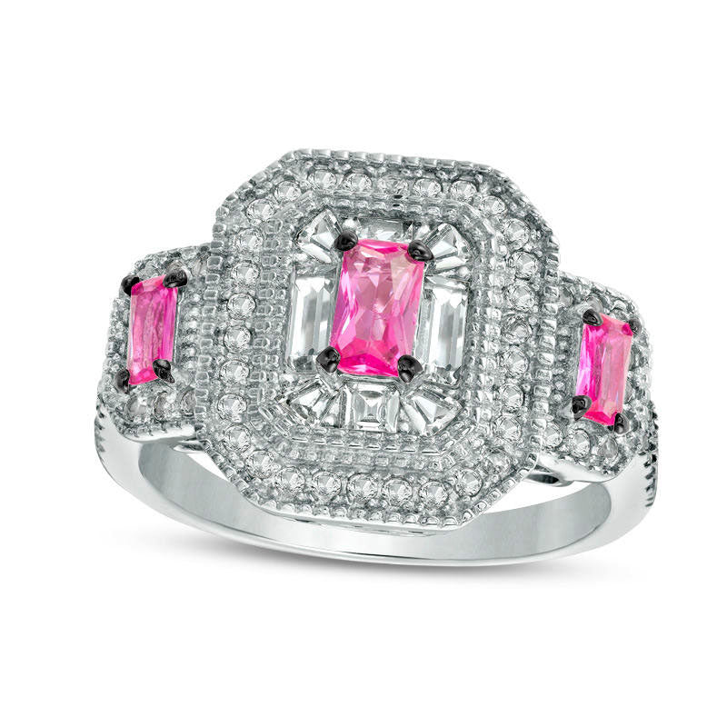 Image of ID 1 Lab-Created Pink and White Sapphire Three Stone Frame Ring in Sterling Silver