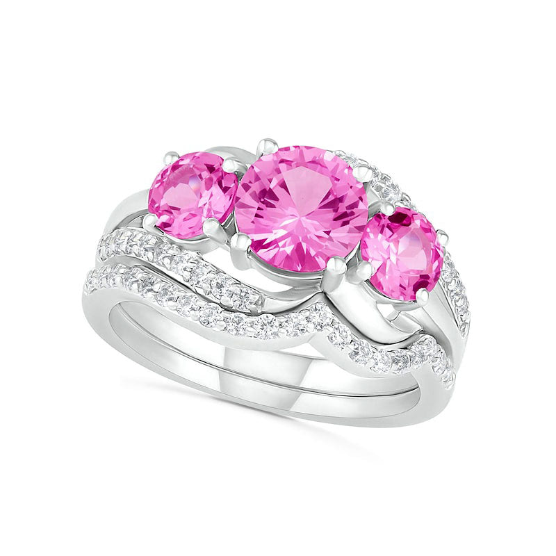 Image of ID 1 Lab-Created Pink and White Sapphire Three Stone Rolling Wave Split Shank Bridal Engagement Ring Set in Sterling Silver