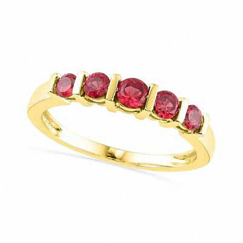 Image of ID 1 Lab-Created Ruby Five Stone Anniversary Band in Solid 10K Yellow Gold