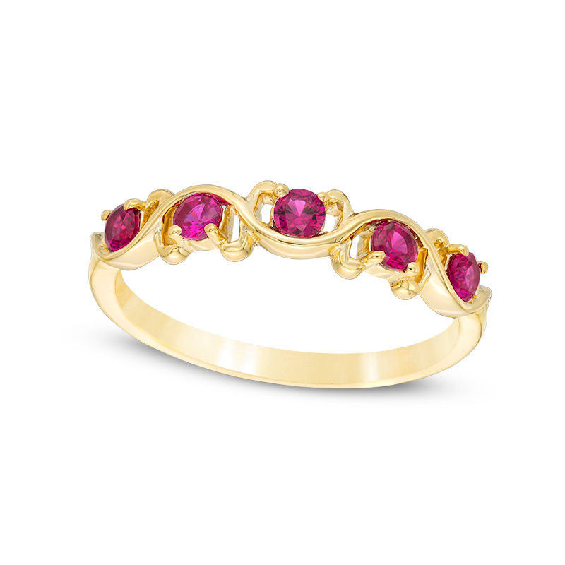 Image of ID 1 Lab-Created Ruby Five Stone Wavy Ribbon Ring in Solid 10K Yellow Gold