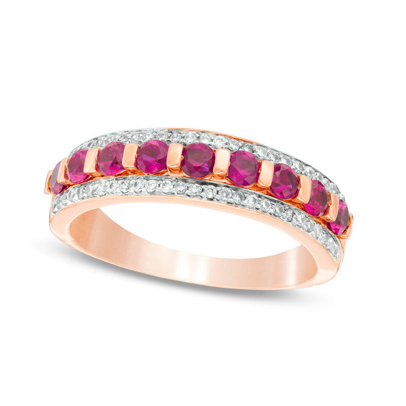Image of ID 1 Lab-Created Ruby and 020 CT TW Diamond Edge Band in Solid 10K Rose Gold