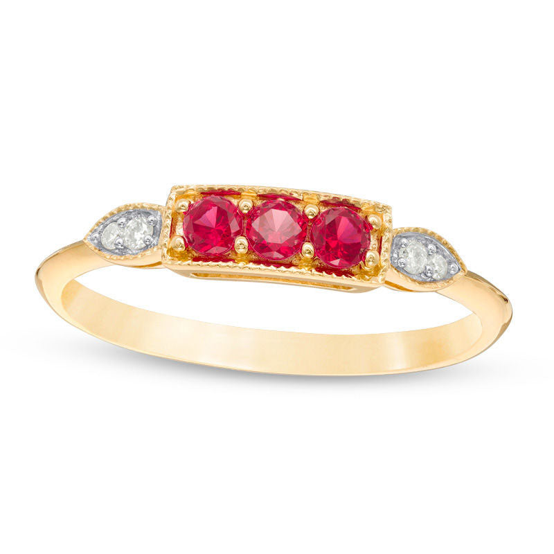 Image of ID 1 Lab-Created Ruby and Diamond Accent Antique Vintage-Style Three Stone Ring in Solid 10K Yellow Gold