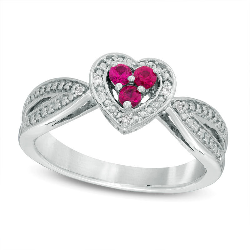 Image of ID 1 Lab-Created Ruby and Diamond Accent Three Stone Heart Split Shank Ring in Sterling Silver