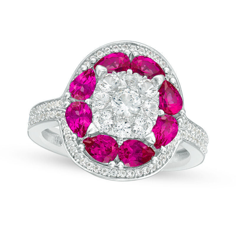Image of ID 1 Lab-Created Ruby and White Sapphire Cluster Art Deco Oval Frame Ring in Sterling Silver