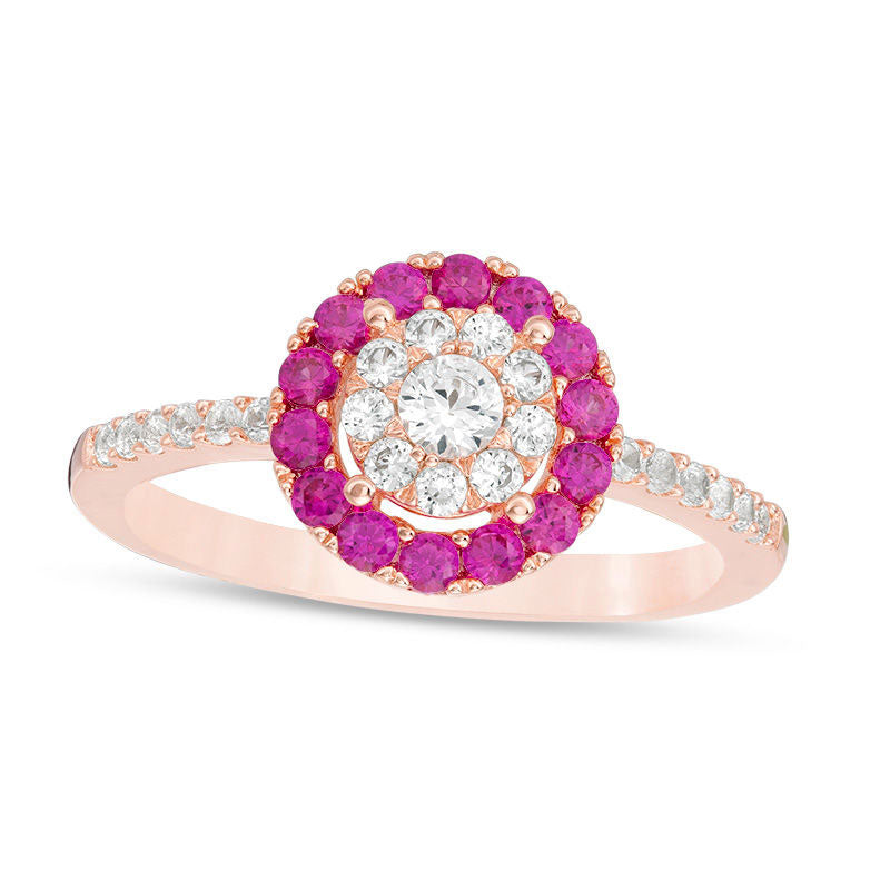 Image of ID 1 Lab-Created Ruby and White Sapphire Double Frame Ring in Sterling Silver with Solid 14K Rose Gold Plate
