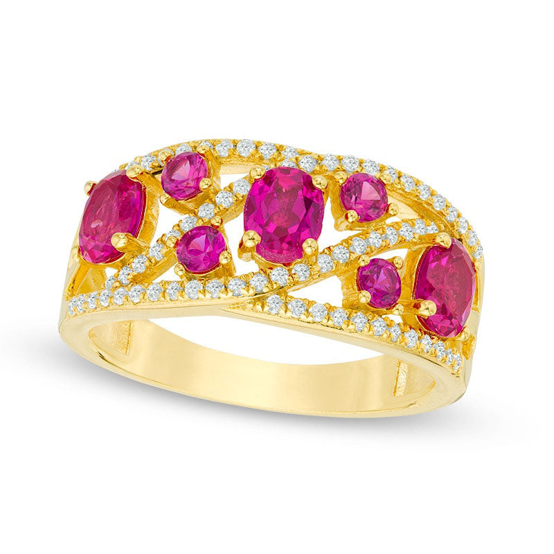 Image of ID 1 Lab-Created Ruby and White Sapphire Wave Ring in Sterling Silver with Solid 14K Gold Plate
