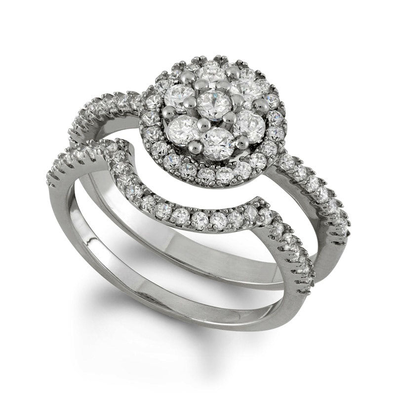 Image of ID 1 Lab-Created White Sapphire Cluster Frame Bridal Engagement Ring Set in Sterling Silver