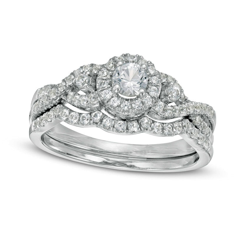 Image of ID 1 Lab-Created White Sapphire Frame Cascading Shank Bridal Engagement Ring Set in Sterling Silver