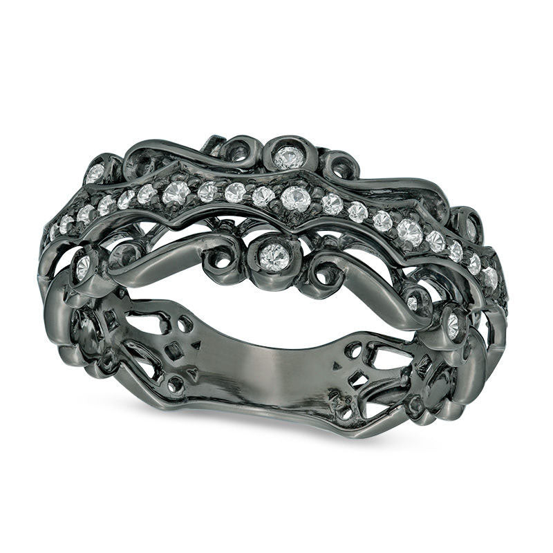 Image of ID 1 Lab-Created White Sapphire Ornate Scroll Ring in Sterling Silver with Black Rhodium