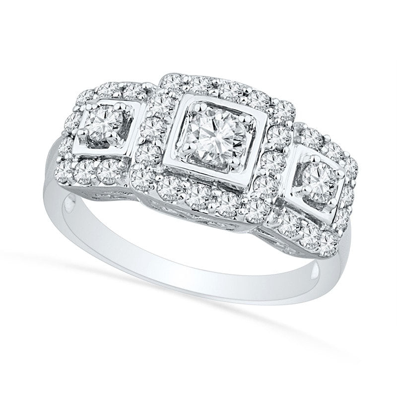 Image of ID 1 Lab-Created White Sapphire Square Frame Three Stone Engagement Ring in Sterling Silver