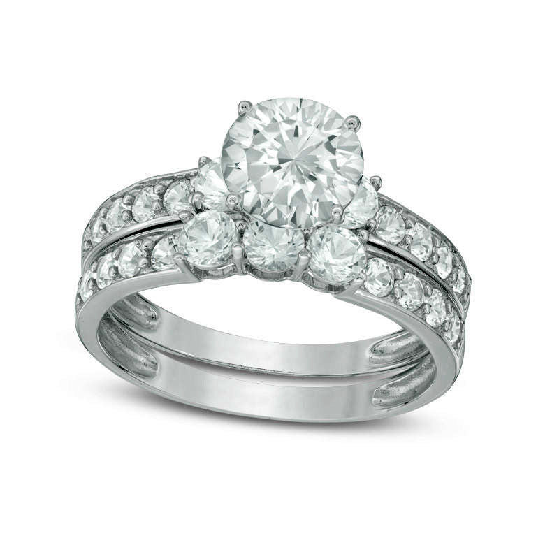 Image of ID 1 Lab-Created White Sapphire Three Stone Bridal Engagement Ring Set in Solid 10K White Gold