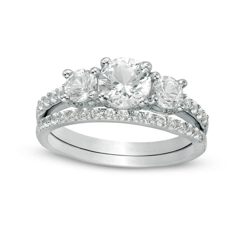 Image of ID 1 Lab-Created White Sapphire Three Stone Bridal Engagement Ring Set in Sterling Silver