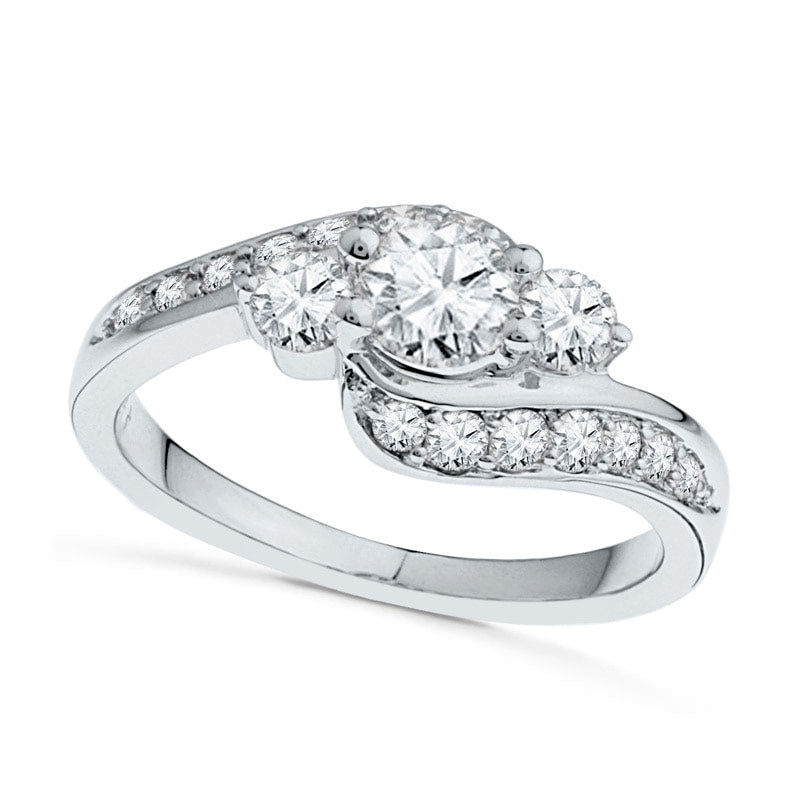 Image of ID 1 Lab-Created White Sapphire Three Stone Bypass Engagement Ring in Solid 10K White Gold