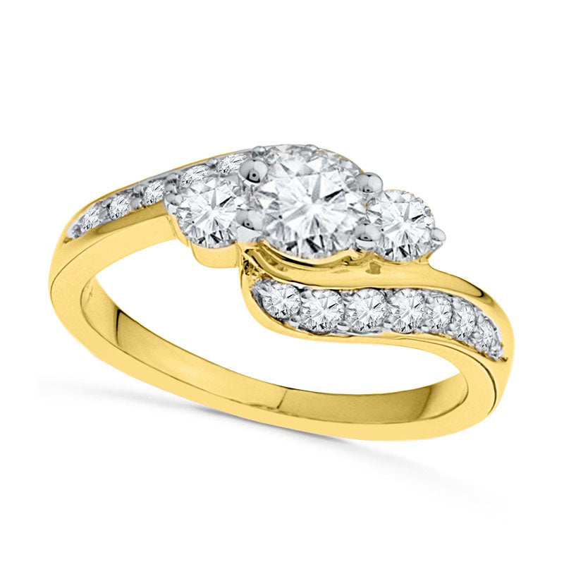 Image of ID 1 Lab-Created White Sapphire Three Stone Bypass Engagement Ring in Solid 10K Yellow Gold