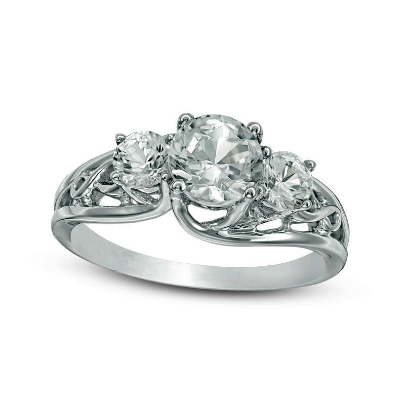 Image of ID 1 Lab-Created White Sapphire Three Stone Bypass Infinity Engagement Ring in Sterling Silver
