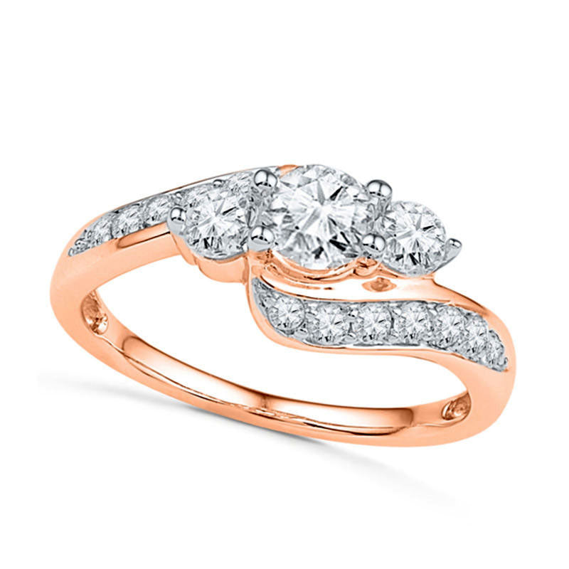 Image of ID 1 Lab-Created White Sapphire Three Stone Bypass Ring in Solid 10K Rose Gold