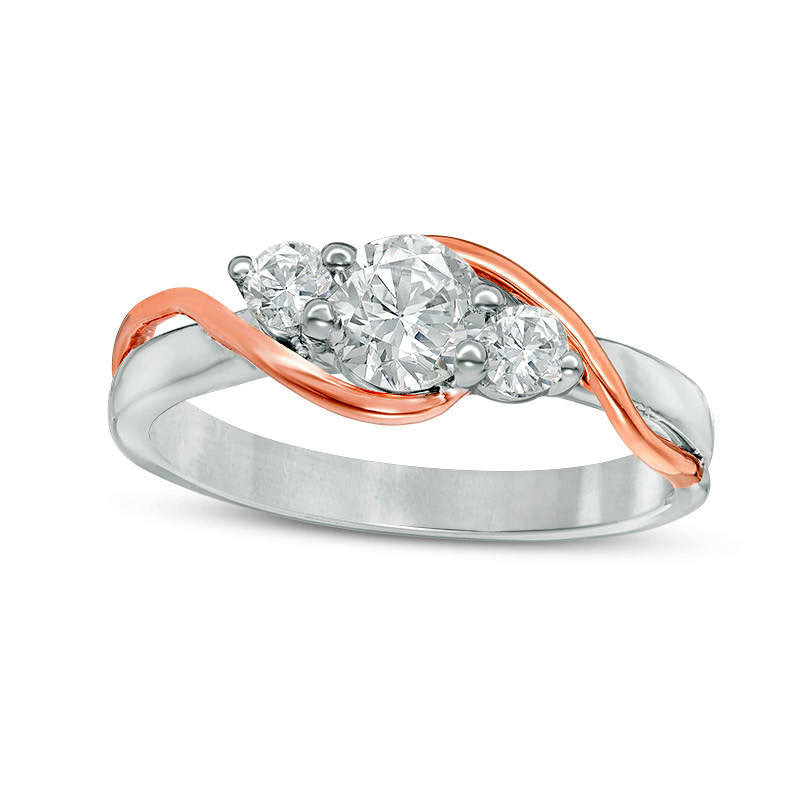 Image of ID 1 Lab-Created White Sapphire Three Stone Bypass Ring in Sterling Silver and Solid 10K Rose Gold