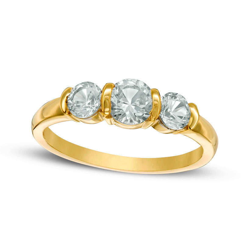 Image of ID 1 Lab-Created White Sapphire Three Stone Collar Engagement Ring in Sterling Silver with Solid 14K Gold Plate