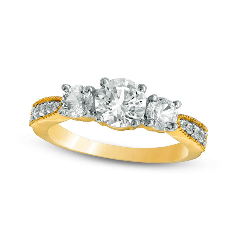 Image of ID 1 Lab-Created White Sapphire Three Stone Engagement Ring in Solid 10K Yellow Gold