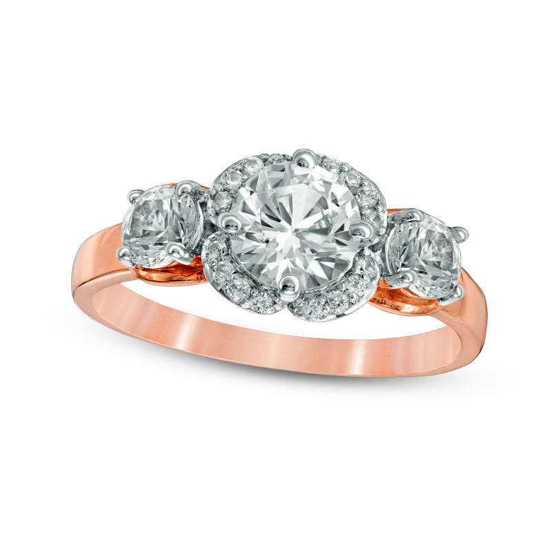 Image of ID 1 Lab-Created White Sapphire Three Stone Flower Frame Engagement Ring in Solid 10K Rose Gold