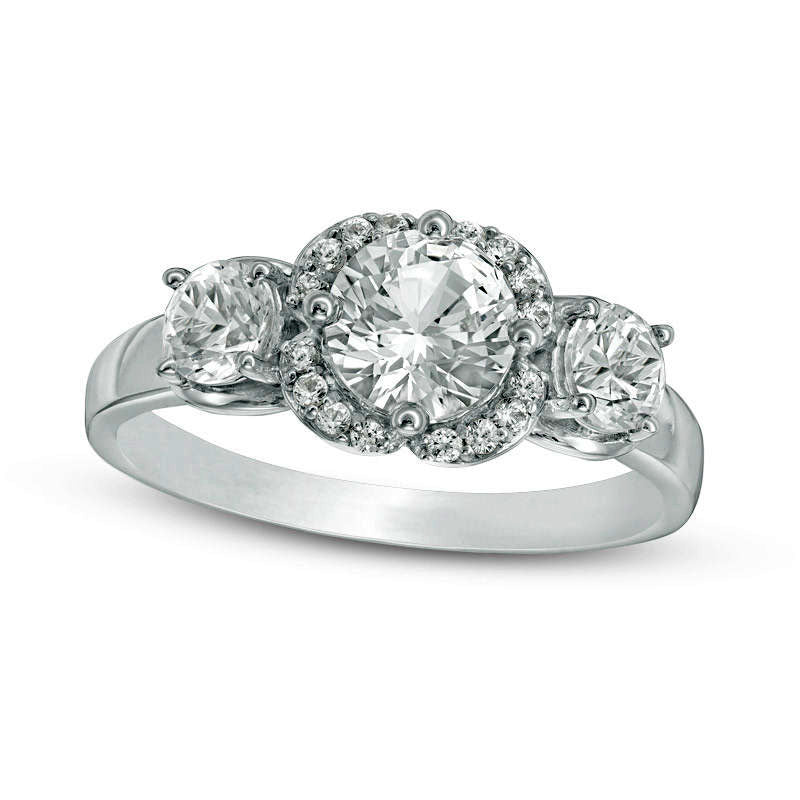 Image of ID 1 Lab-Created White Sapphire Three Stone Flower Frame Engagement Ring in Solid 10K White Gold