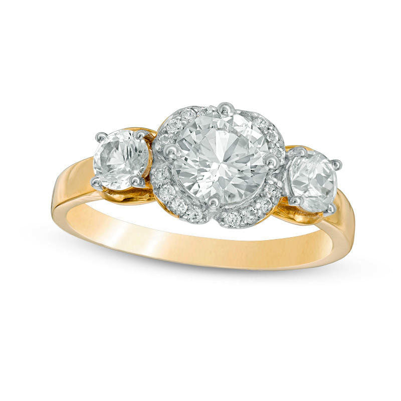 Image of ID 1 Lab-Created White Sapphire Three Stone Flower Frame Engagement Ring in Solid 10K Yellow Gold