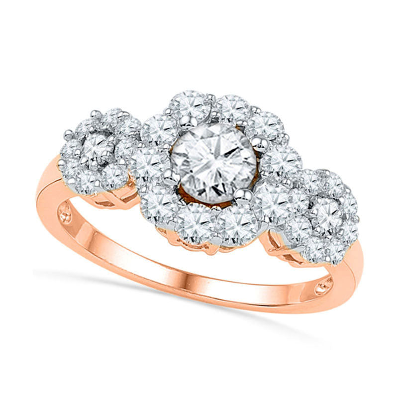 Image of ID 1 Lab-Created White Sapphire Three Stone Frame Engagement Ring in Solid 10K Rose Gold