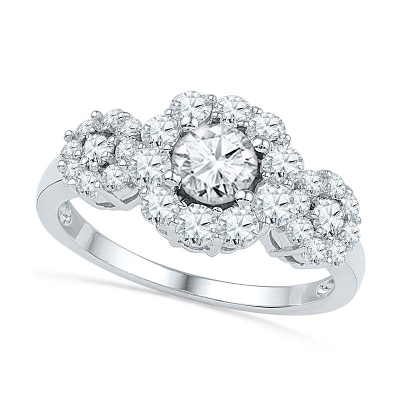 Image of ID 1 Lab-Created White Sapphire Three Stone Frame Engagement Ring in Solid 10K White Gold