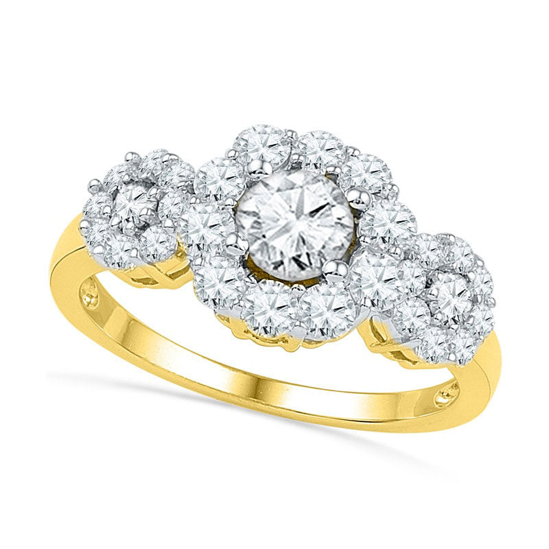 Image of ID 1 Lab-Created White Sapphire Three Stone Frame Engagement Ring in Solid 10K Yellow Gold