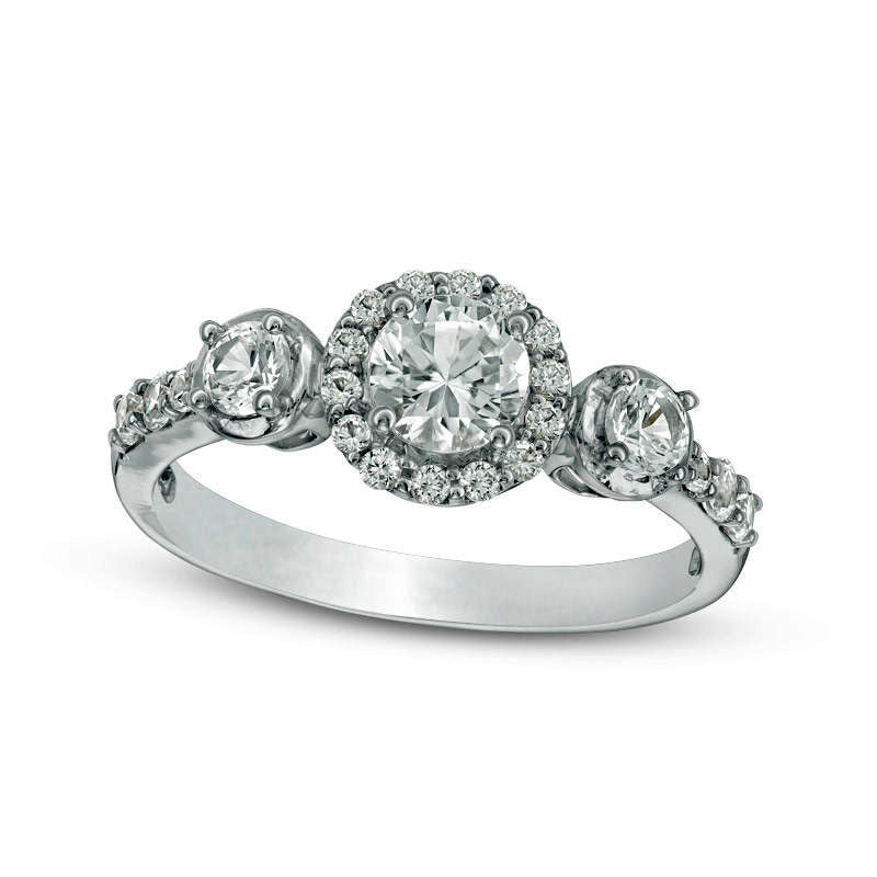 Image of ID 1 Lab-Created White Sapphire Three Stone Frame Engagement Ring in Sterling Silver