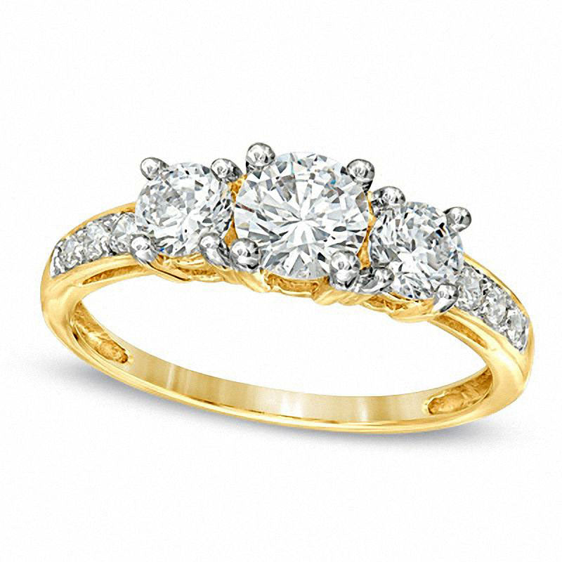 Image of ID 1 Lab-Created White Sapphire Three Stone Ring in Solid 10K Yellow Gold