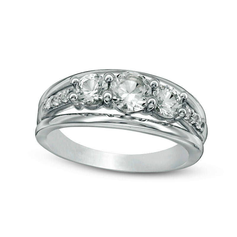 Image of ID 1 Lab-Created White Sapphire Three Stone Split Shank Engagement Ring in Sterling Silver