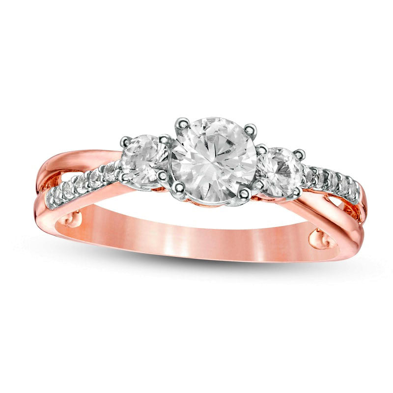 Image of ID 1 Lab-Created White Sapphire Three Stone Split Shank Ring in Solid 10K Rose Gold