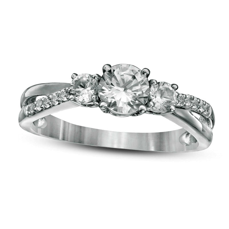 Image of ID 1 Lab-Created White Sapphire Three Stone Split Shank Ring in Solid 10K White Gold