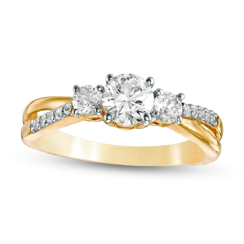 Image of ID 1 Lab-Created White Sapphire Three Stone Split Shank Ring in Solid 10K Yellow Gold
