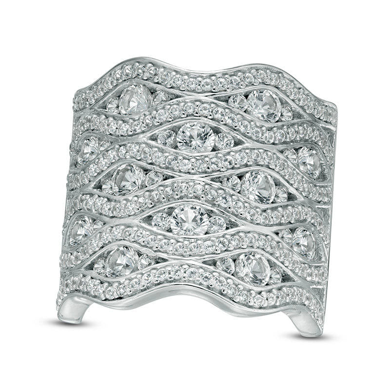 Image of ID 1 Lab-Created White Sapphire Wavy Multi-Row Ring in Sterling Silver