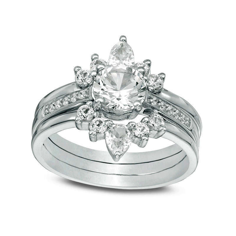 Image of ID 1 Lab-Created White Sapphire and 005 CT TW Diamond Sunburst Three Piece Bridal Engagement Ring Set in Sterling Silver
