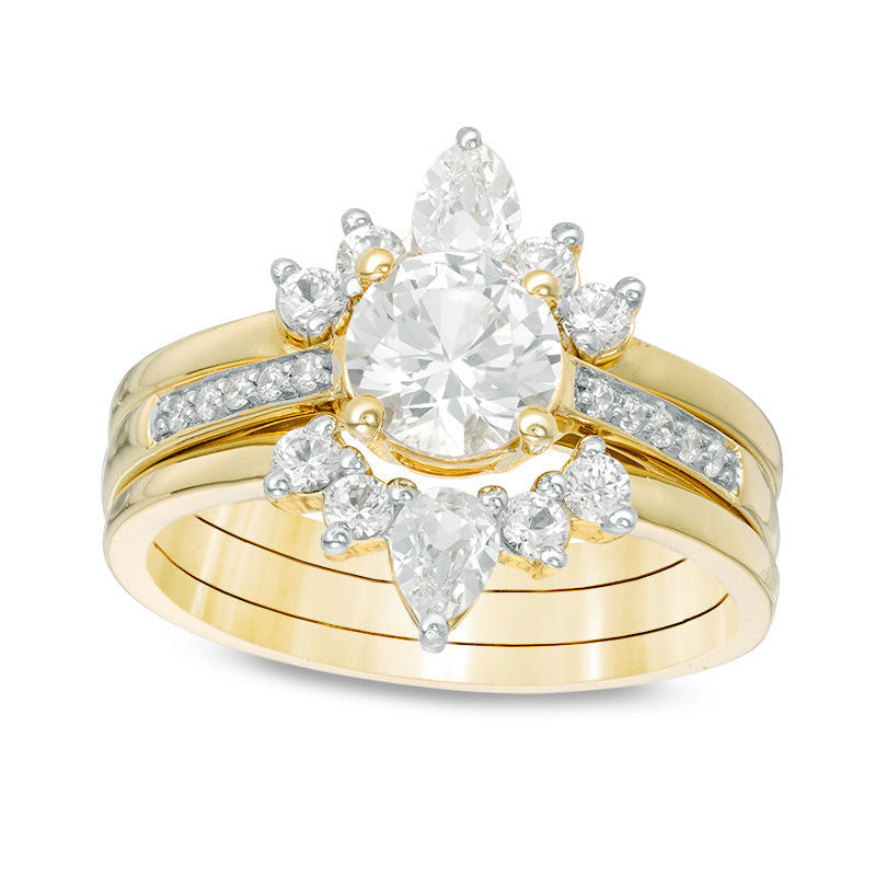 Image of ID 1 Lab-Created White Sapphire and 005 CT TW Diamond Three Piece Bridal Engagement Ring Set in Sterling Silver with Solid 14K Gold Plate