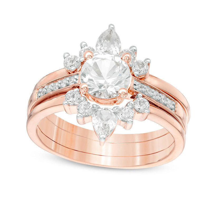 Image of ID 1 Lab-Created White Sapphire and 005 CT TW Diamond Three Piece Bridal Engagement Ring Set in Sterling Silver with Solid 14K Rose Gold Plate