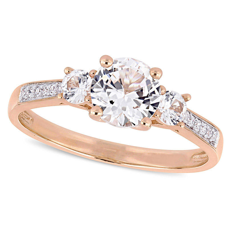 Image of ID 1 Lab-Created White Sapphire and 005 CT TW Diamond Three Stone Engagement Ring in Solid 10K Rose Gold
