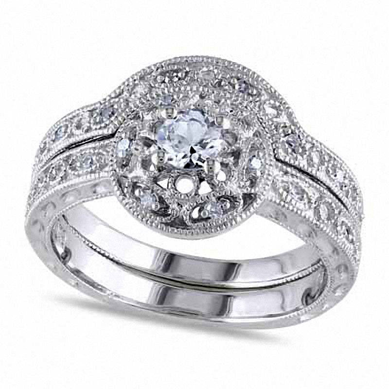 Image of ID 1 Lab-Created White Sapphire and 010 CT TW Diamond Bridal Engagement Ring Set in Sterling Silver