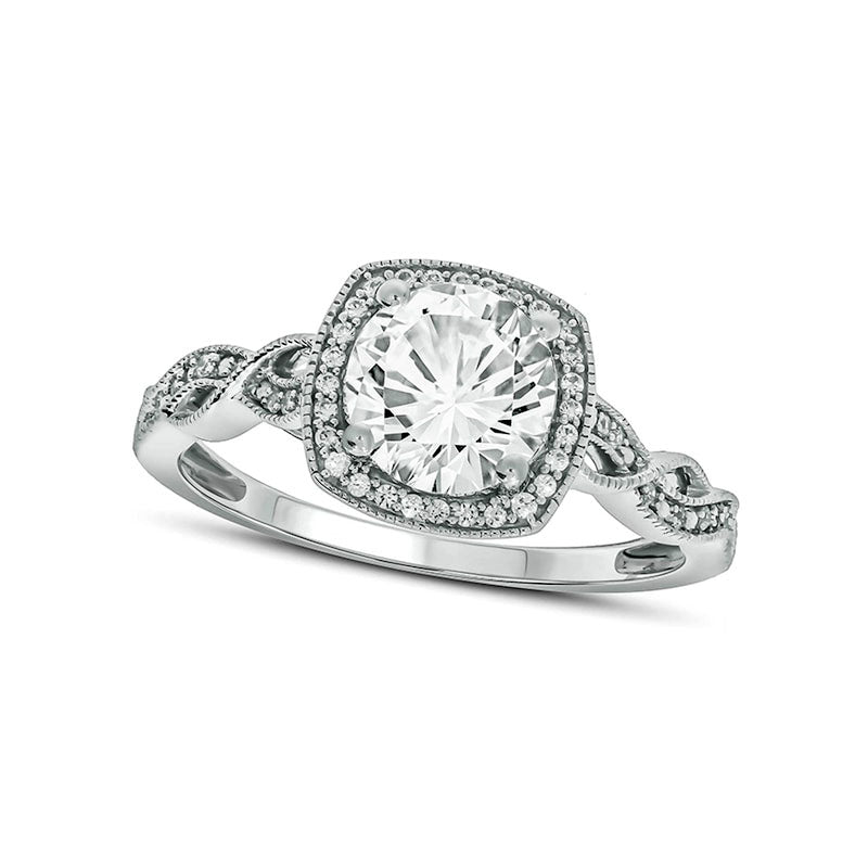 Image of ID 1 Lab-Created White Sapphire and 010 CT TW Diamond Cushion Frame Twist Shank Antique Vintage-Style Ring in Solid 10K White Gold