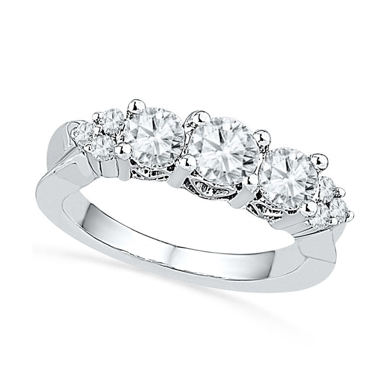 Image of ID 1 Lab-Created White Sapphire and 010 CT TW Diamond Three Stone Engagement Ring in Solid 10K White Gold
