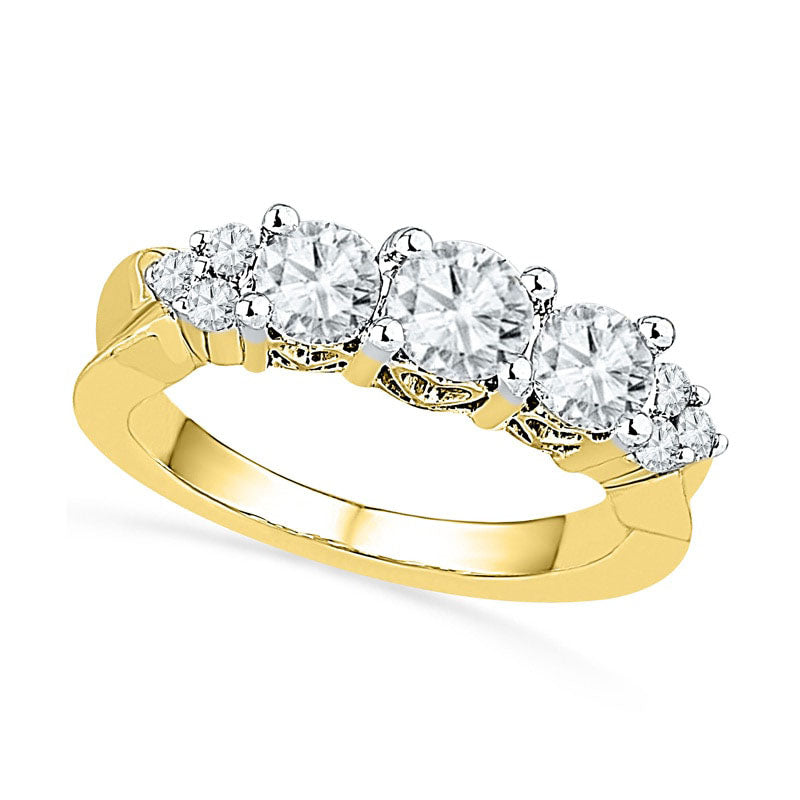 Image of ID 1 Lab-Created White Sapphire and 010 CT TW Diamond Three Stone Engagement Ring in Solid 10K Yellow Gold