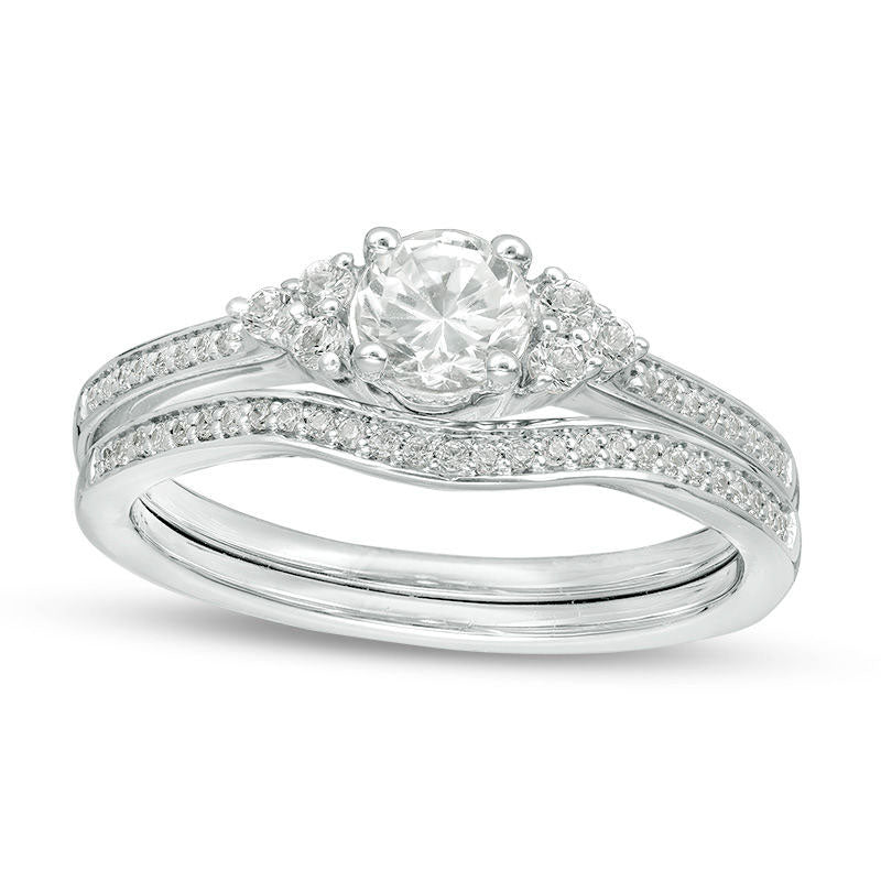 Image of ID 1 Lab-Created White Sapphire and 010 CT TW Diamond Tri-Sides Bridal Engagement Ring Set in Sterling Silver