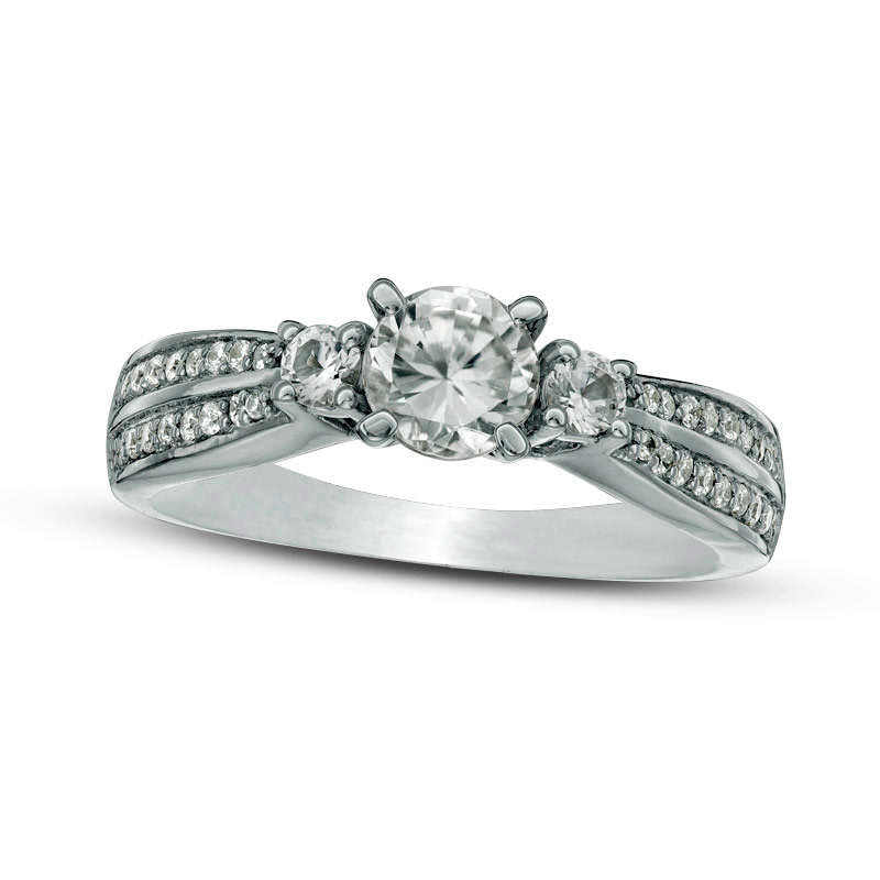 Image of ID 1 Lab-Created White Sapphire and 017 CT TW Diamond Double Row Three Stone Ring in Sterling Silver