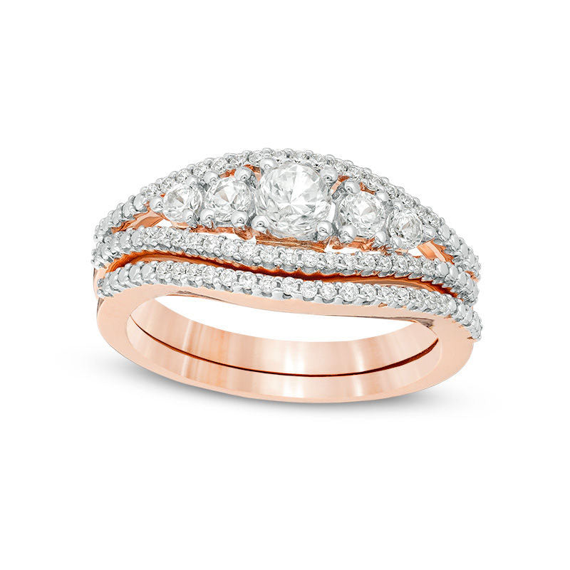 Image of ID 1 Lab-Created White Sapphire and 017 CT TW Diamond Five Stone Bridal Engagement Ring Set in Solid 10K Rose Gold