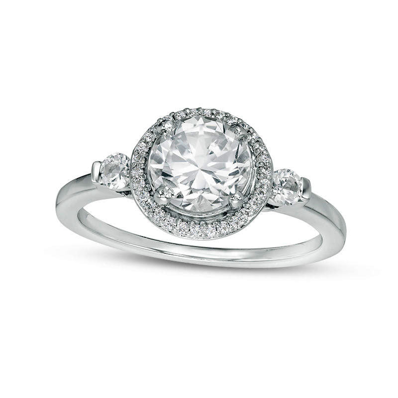 Image of ID 1 Lab-Created White Sapphire and 017 CT TW Diamond Frame Three Stone Ring in Sterling Silver