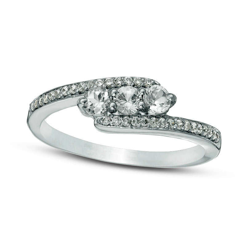 Image of ID 1 Lab-Created White Sapphire and 017 CT TW Diamond Three Stone Bypass Ring in Sterling Silver